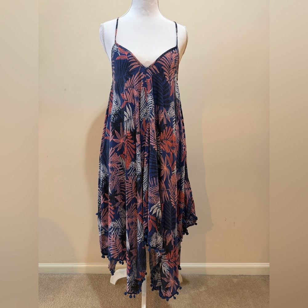 Navy Tropical Print Spaghetti-Strap Midi Dress